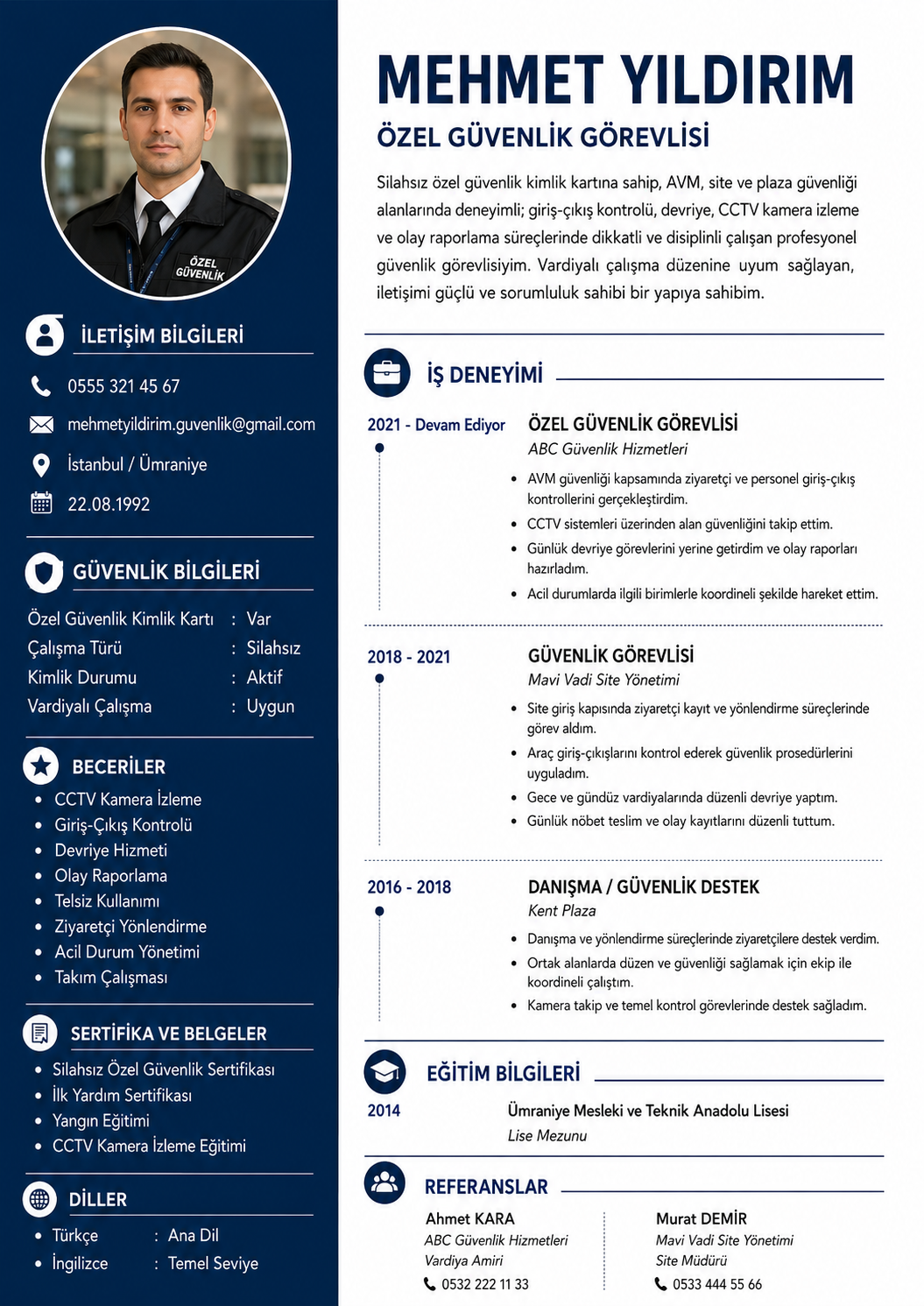 Güvenlikçi CV örneği
