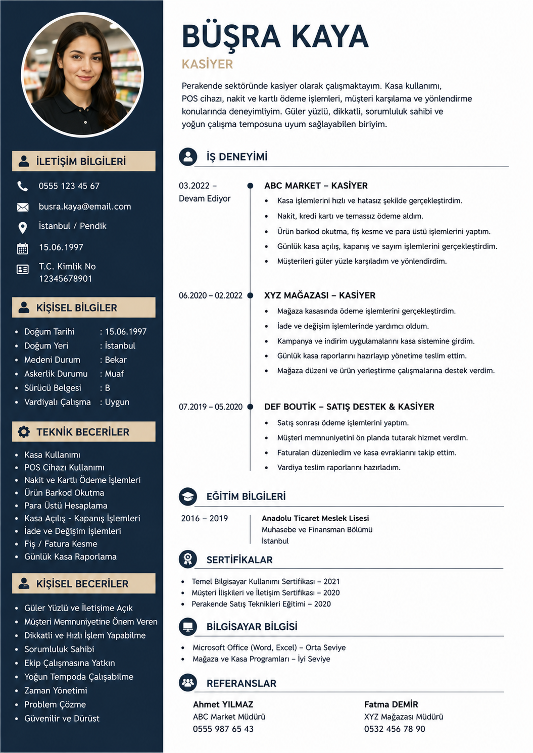 kasiyer cv örneği