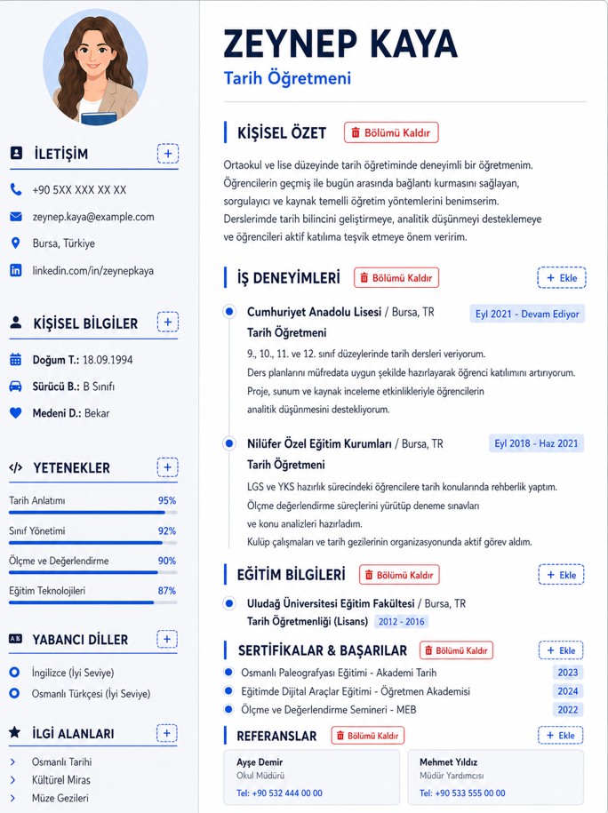 Tarih Öğretmeni CV Örneği