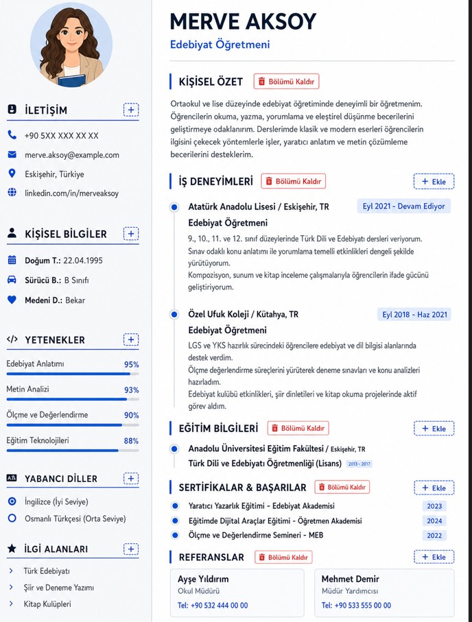 Edebiyat Öğretmeni CV Örneği