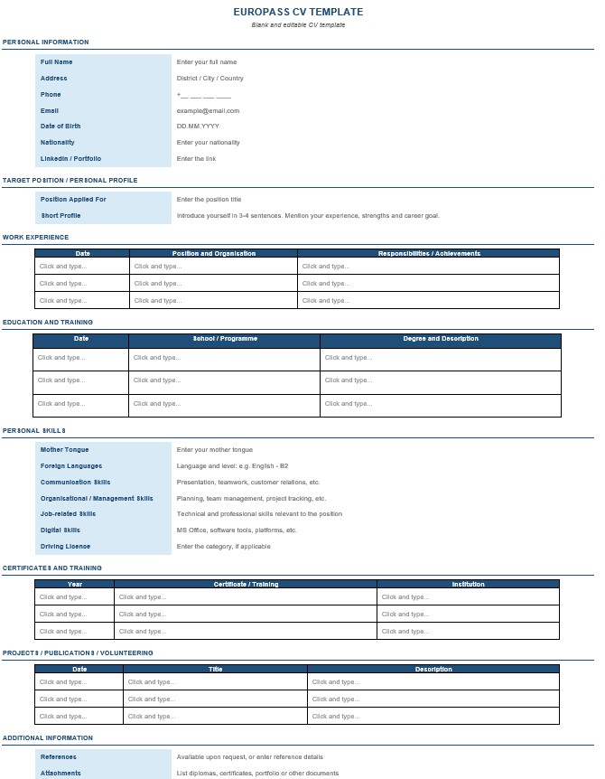 İngilizce Europass CV Örneği