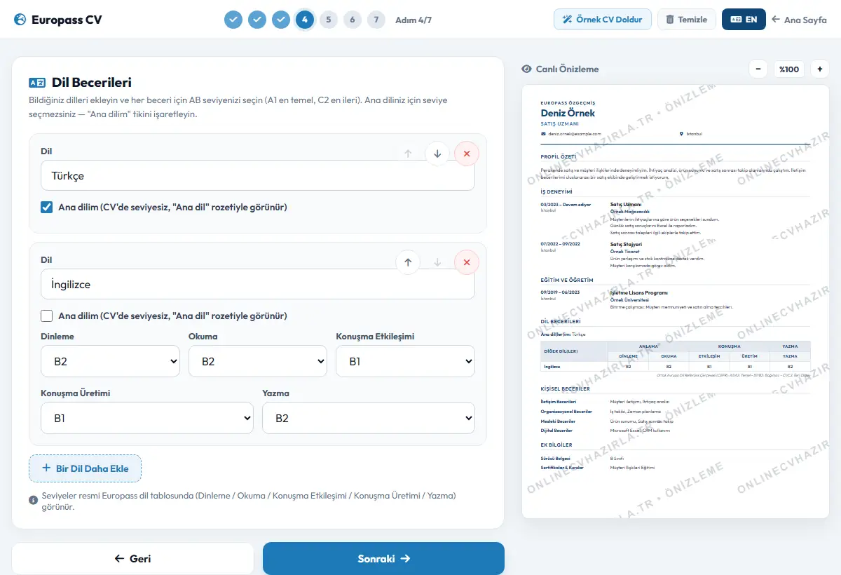 Dil becerileri ekranında ana dil ile yabancı dil seviyeleri ayrı düzenlenir; seçimler CV tablosuna yansır.
