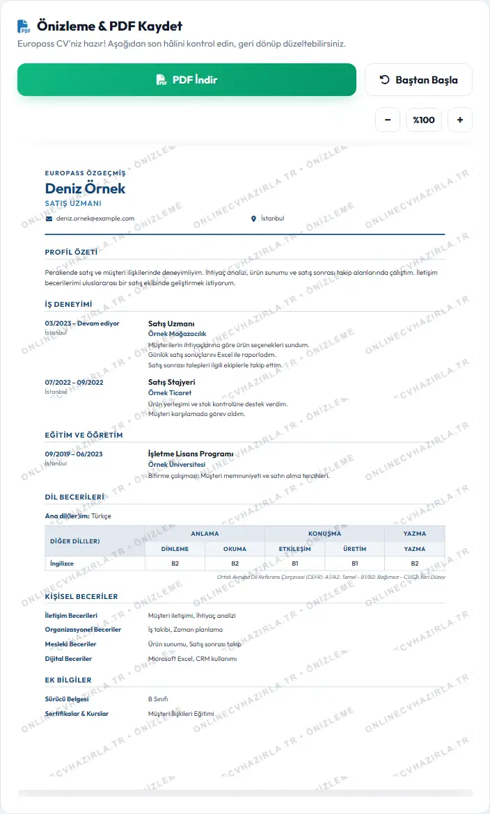 Son adımda CV’nin görünümünü kontrol edebilir, ölçeğini ayarlayabilir ve PDF kaydetme işlemine geçebilirsiniz.