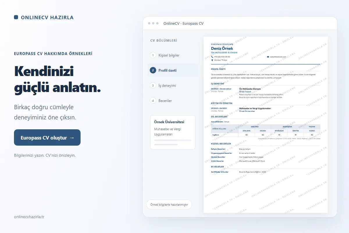 OnlineCV Europass CV oluşturucusunda profil özeti, deneyim ve beceri alanlarıyla hazırlanmış örnek tanıtım.